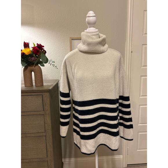COS | Cream/Navy Striped Chunky Wool/Cotton Blend Knit Turtleneck | Small - Picture 3 of 12